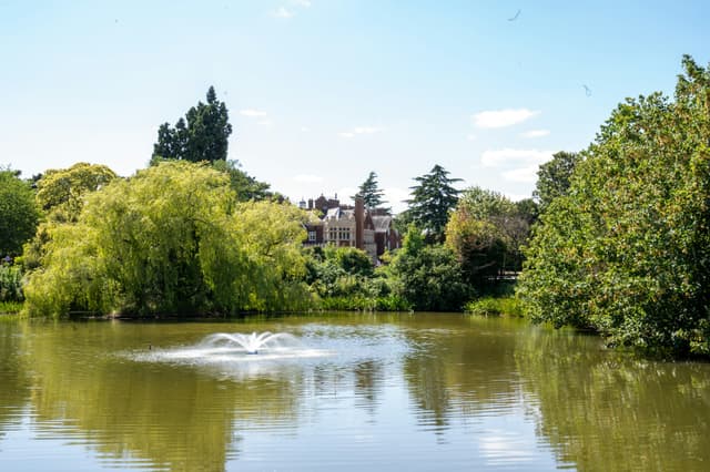 The lake and fountain at Bletchley Park