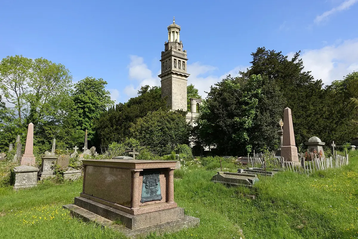 Beckford's Tower rising over the cemetery on Lansdown