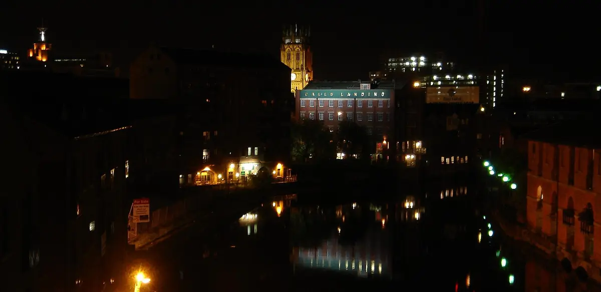 The River Aire in Leeds city centre at night