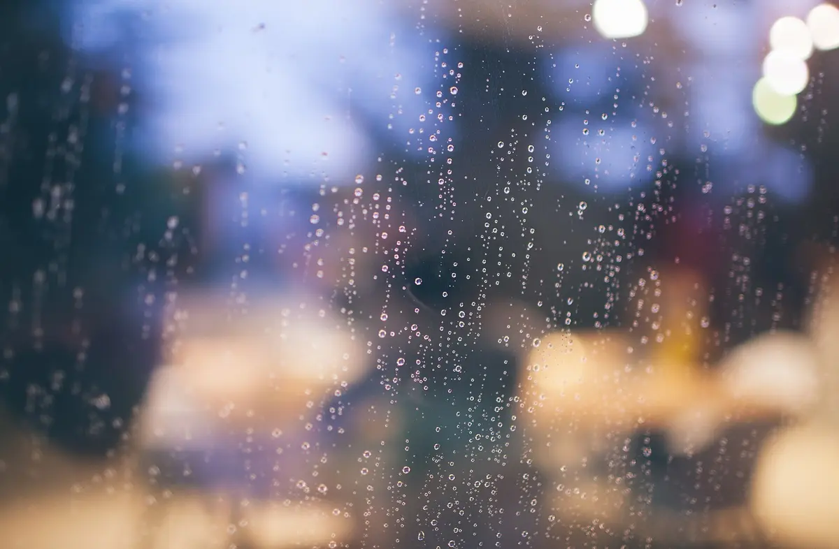 Soft evening lights through a misted window
