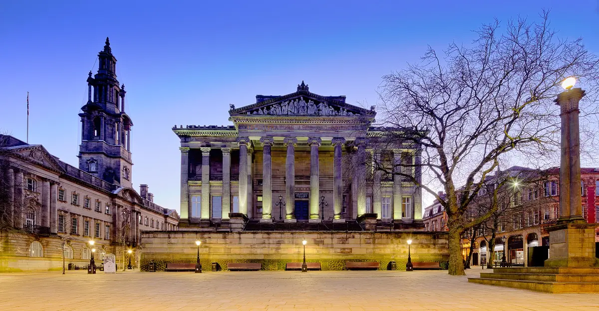The Harris Museum on Preston's Flag Market at dusk